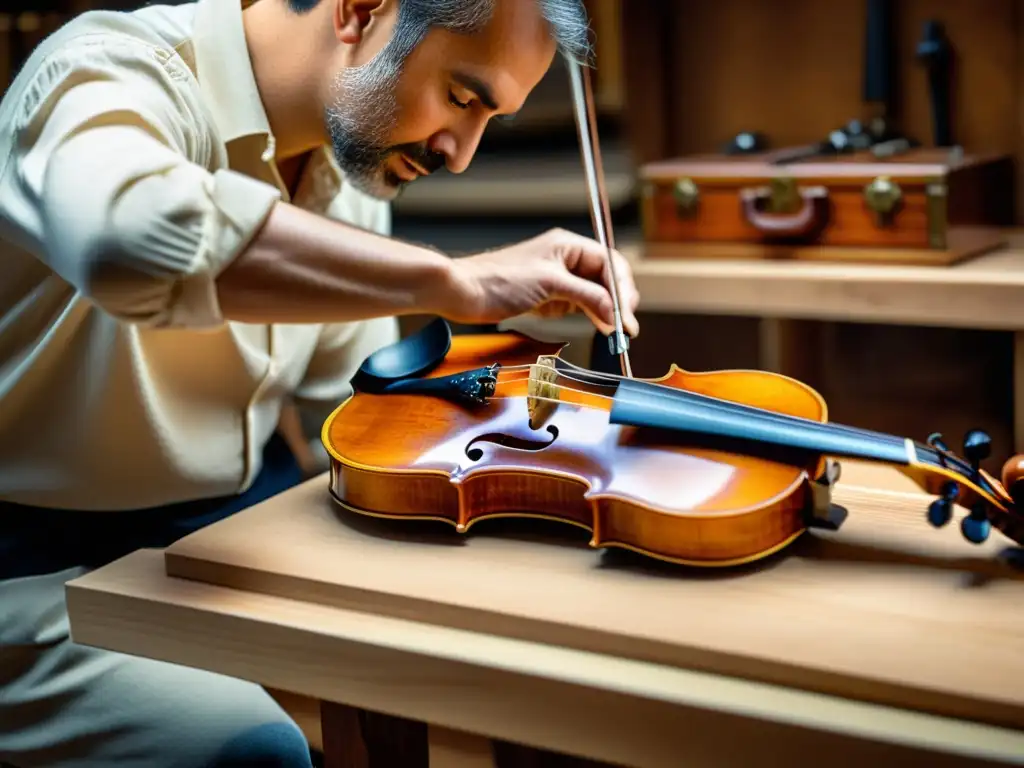 Un luthier experto restaura con cuidado un violín antiguo, destacando la artesanía en la restauración de instrumentos musicales antiguos