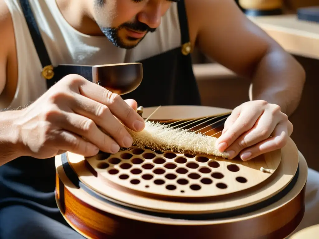 Un luthier experto restaura con delicadeza la madera de un instrumento de cuerda clásico