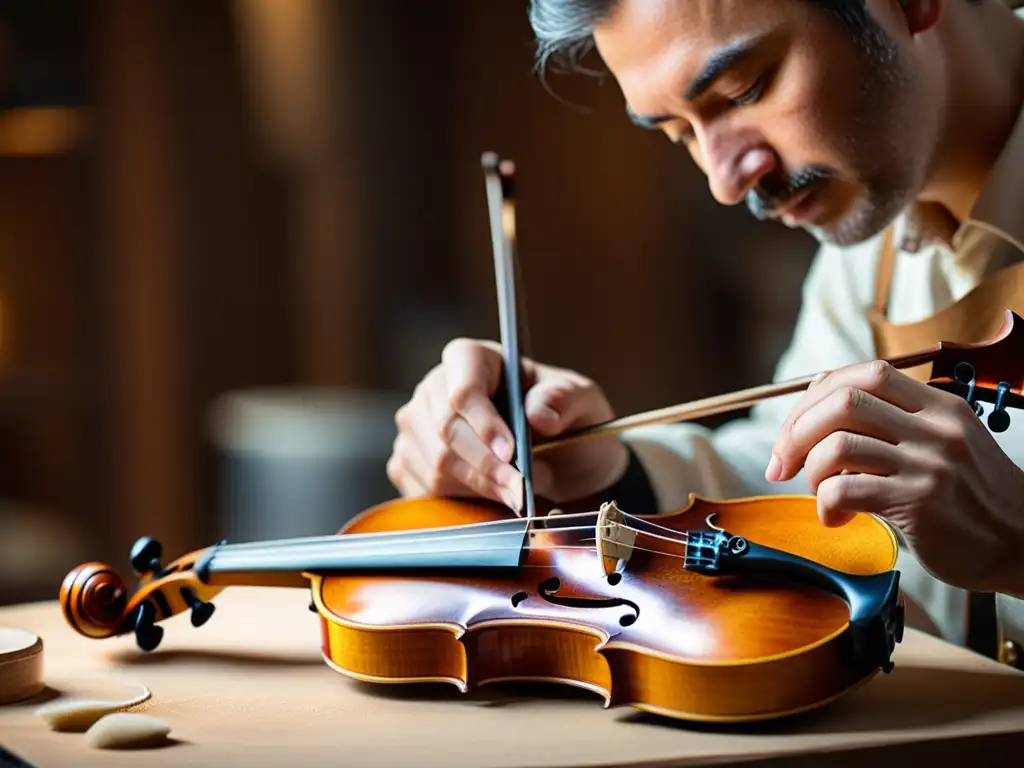 Un luthier experto restaura con delicadeza un violín vintage, resaltando la importancia de la acústica en instrumentos musicales