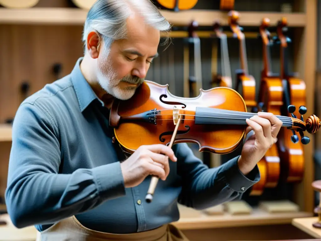 Un luthier experto restaura con delicadeza un violín centenario, bañado por la cálida luz natural