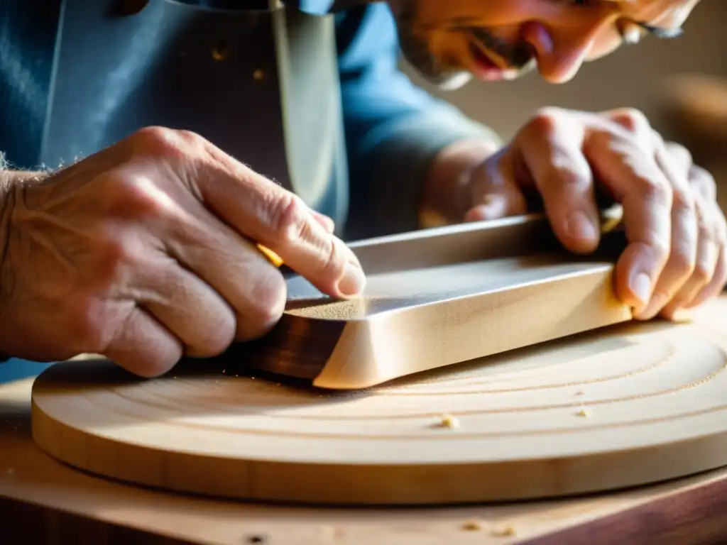 Un luthier experto moldea con destreza el cuerpo curvo de una lap steel guitar, resaltando la artesanía y el sonido deslizante de la lap steel guitar