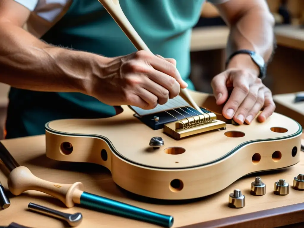 Un luthier experto elabora con destreza los detalles de una guitarra eléctrica, rodeado de herramientas y virutas de madera