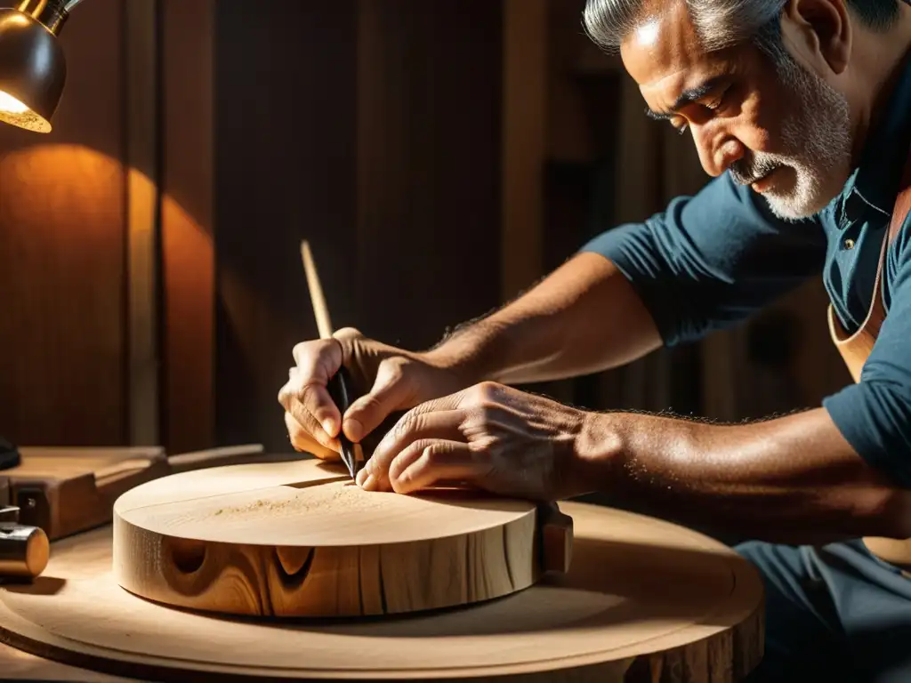 Luthier esculpiendo contrabajo con maestría en su taller Un luthier experto transforma con destreza la madera para crear un bajo contrabajo eléctrico en un taller con atmósfera cálida y envolvente
