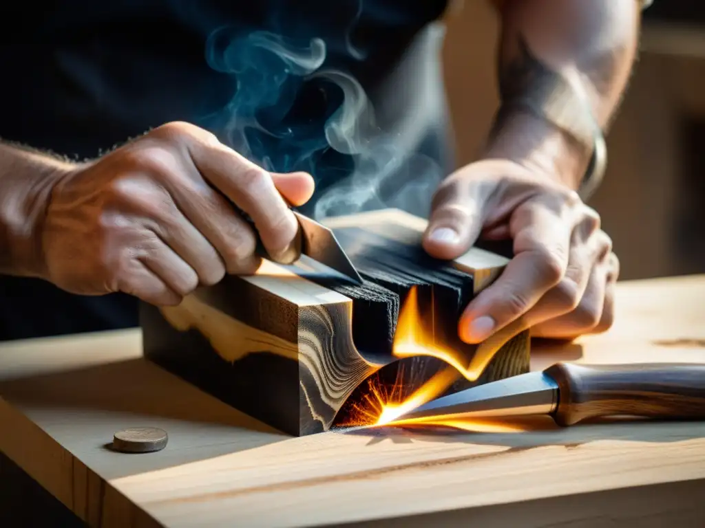 Un luthier experto moldea con destreza una pieza de madera quemada, revelando patrones e texturas intrincados