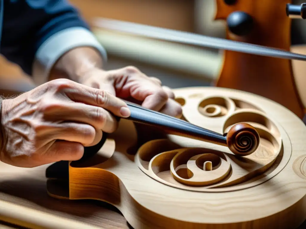 Un luthier experto esculpe con destreza una pieza de madera para crear un violín, resaltando la importancia cultural de la madera en la luthería