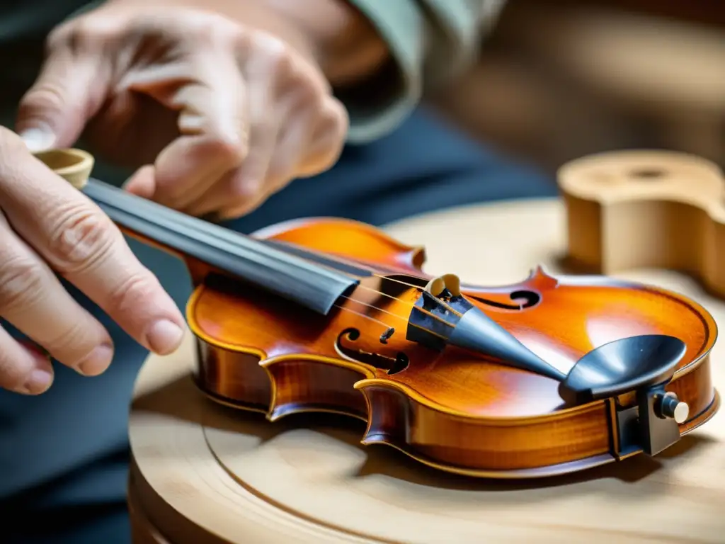 Un luthier experto esculpe con destreza una violín Stradivarius en un taller iluminado por una cálida luz dorada