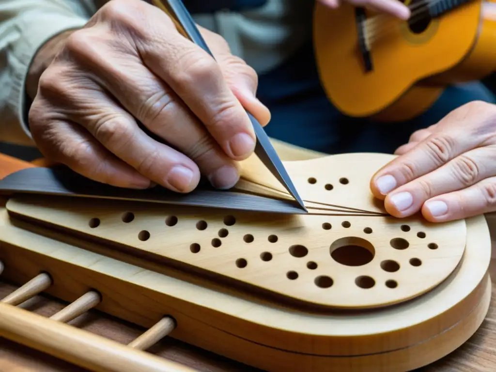 Un luthier experto crea con detalle el puente de un instrumento de cuerda, mostrando la evolución de instrumentos de cuerda a través de los siglos