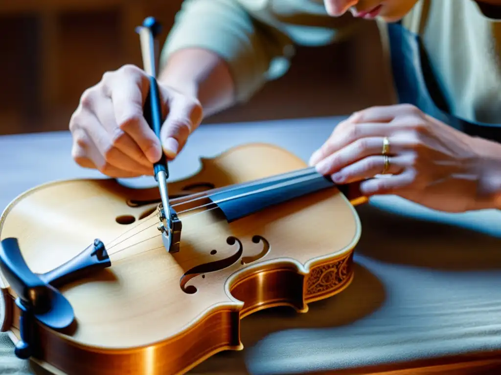 Un luthier experto tallando detalles en un violín con innovaciones en la luthería de instrumentos, bañado por cálida luz natural