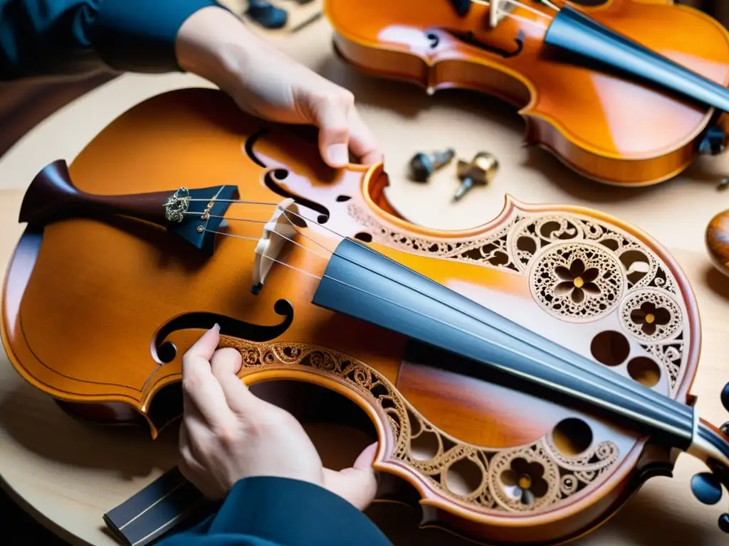 Un luthier experto talla diseños intrincados en un violín rodeado de instrumentos musicales del mundo