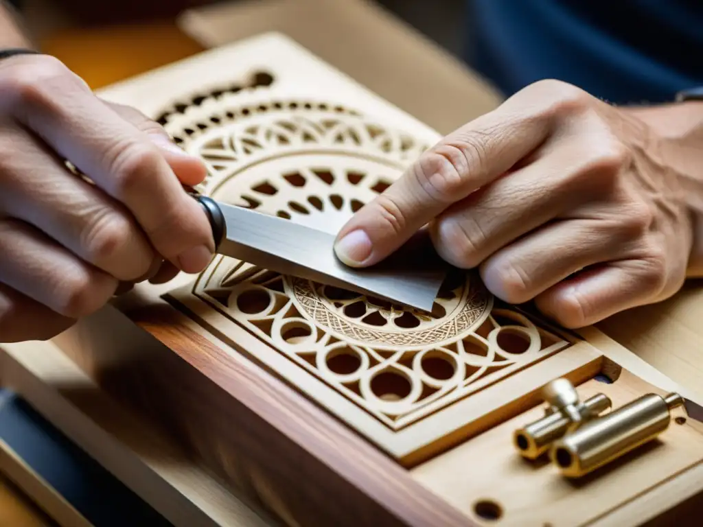 Un luthier experto talla diseños intrincados en un instrumento experimental personalizado, demostrando su artesanía en luthería