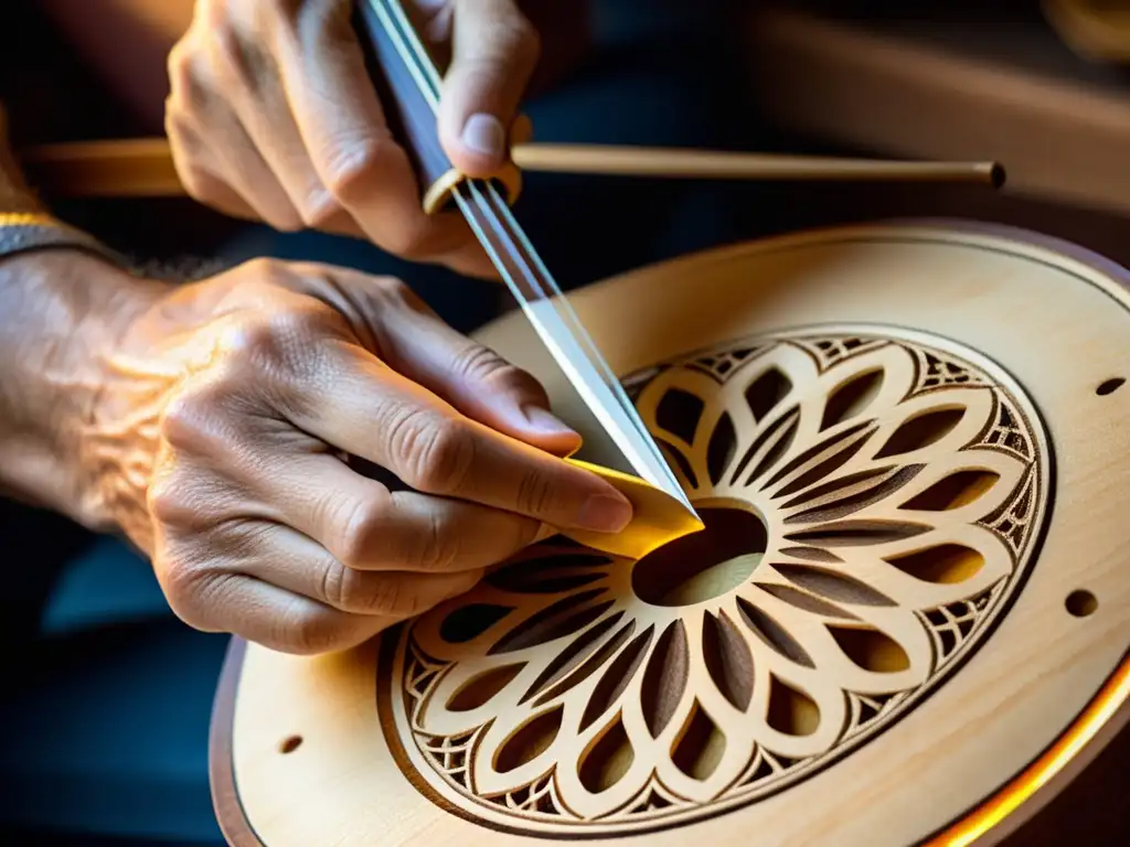 Un luthier experto talla diseños intrincados en el cuerpo de un bouzouki griego, reflejando la relevancia cultural del instrumento