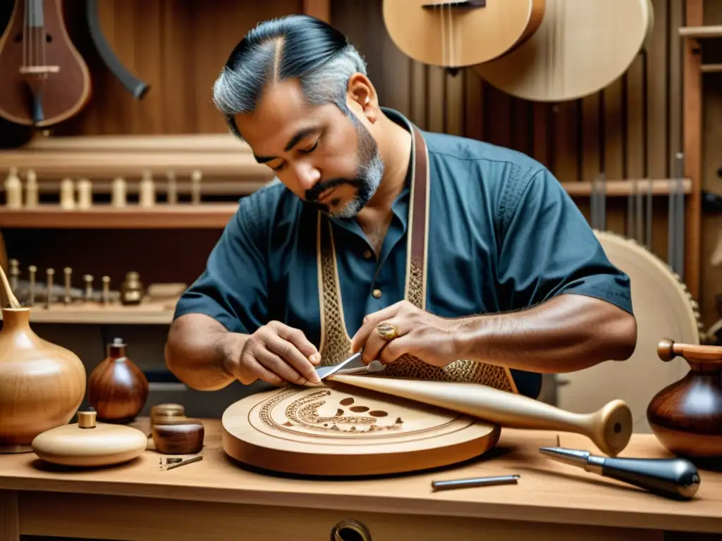 Un luthier experto esculpe diseños intrincados en un instrumento musical rodeado de herramientas y virutas de madera