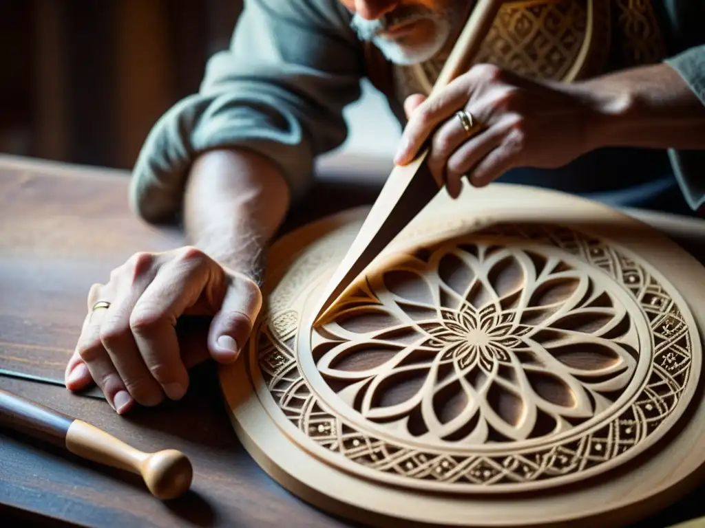 Un luthier experto talla diseños intrincados en un laúd medieval, mostrando la influencia del laud medieval en la artesanía detallada y atemporal