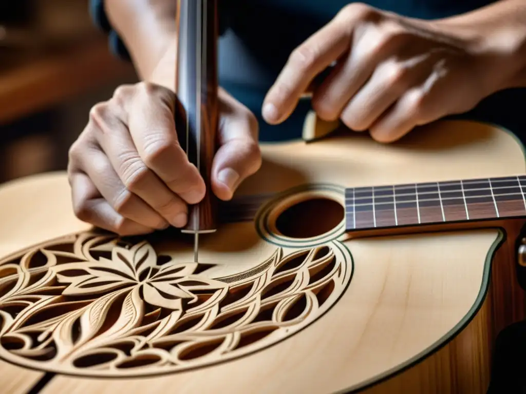 Un luthier experto talla diseños intrincados en una guitarra acústica nueva, destacando la influencia de la bioacústica en instrumentos