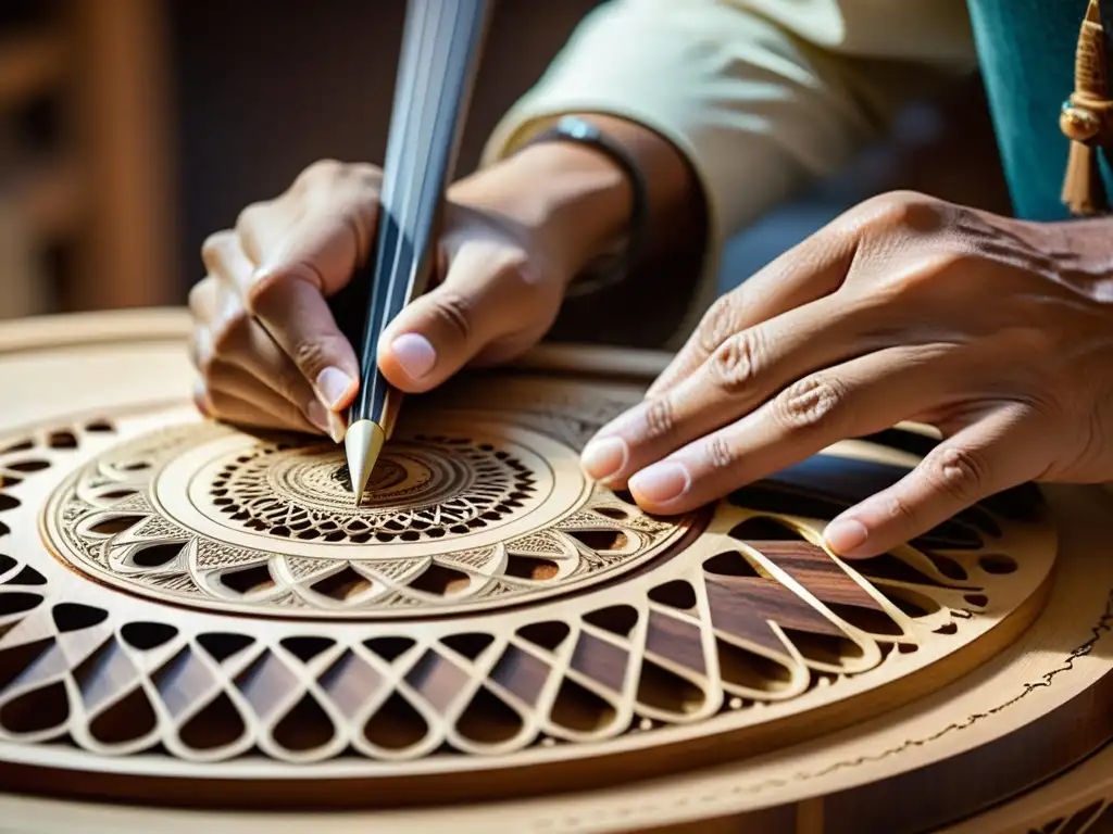 Un luthier experto tallando diseños en la tapa de un timple canario, transmitiendo tradición y artesanía en la construcción del sonido