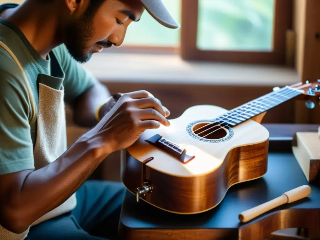 Un luthier experto talla un ukelele ecológico, con la luz solar destacando la madera