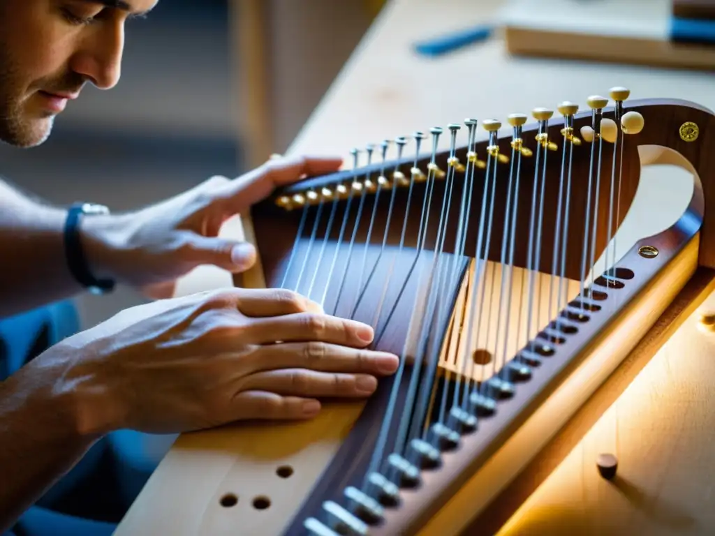 Un luthier experto ensambla con precisión el arpa eléctrica, fusionando historia y sonido en su taller luminoso