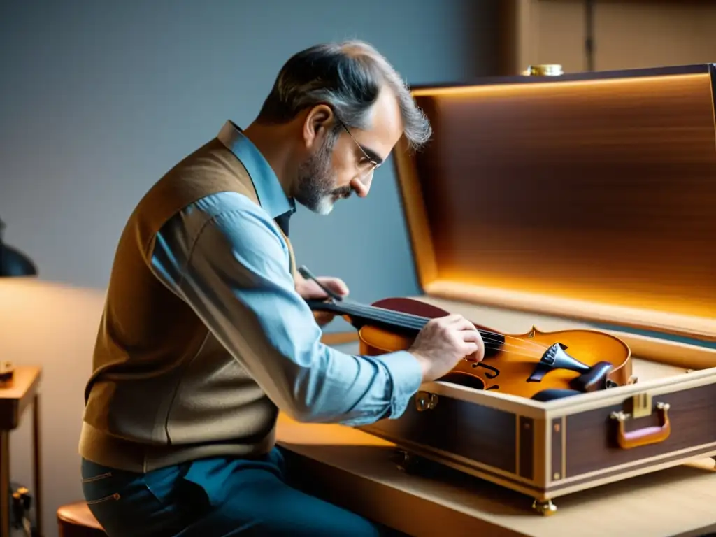 Un luthier experto realiza un escaneo 3D para restauración lutería de un instrumento vintage, revelando la meticulosa artesanía