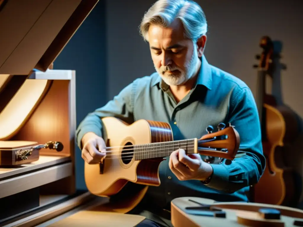 Un luthier experto utiliza escaneo 3D para restauración lutería, capturando con precisión los detalles de un instrumento vintage