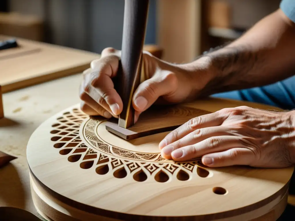 Un luthier experto captura la esencia de instrumentos acústicos al esculpir detalladamente madera tonal