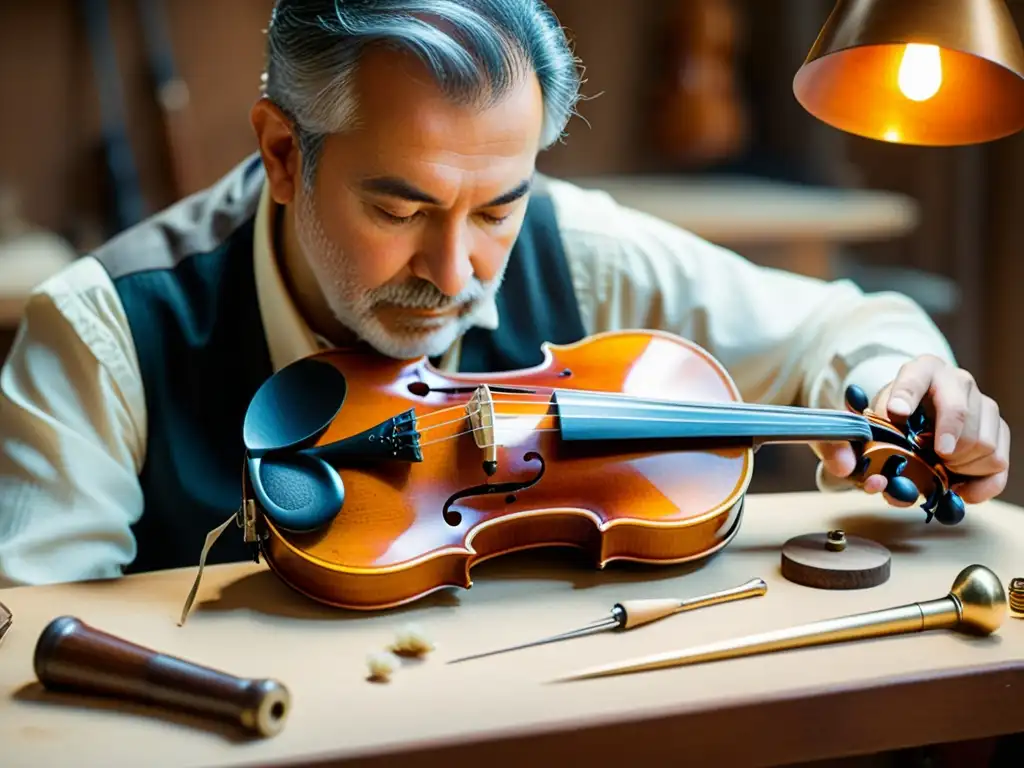 Un luthier experto restaura con esmero un violín centenario en un taller vintage, destacando la historia en la reparación de instrumentos musicales