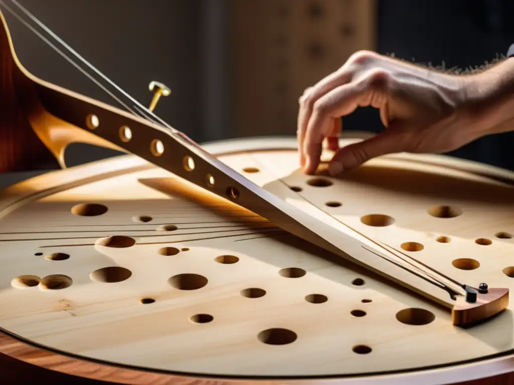 Un luthier experto esculpe con precisión los Fholes en la tapa de abeto de un contrabajo