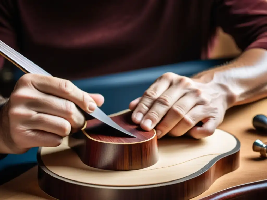 Un luthier experto da forma a la cálida madera de caoba para la guitarra acústica, mostrando destreza artesanal y contribución a los tonos cálidos