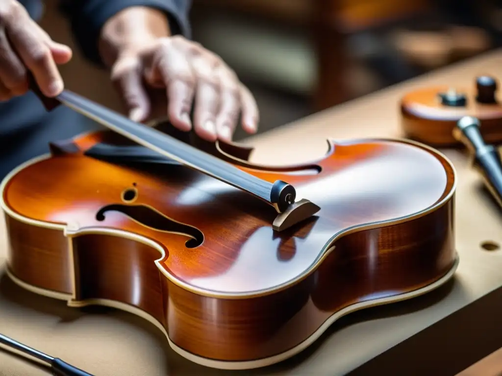 Un luthier experto da forma a la ergonomía del mástil de un violín, destacando la precisión y el arte en el diseño de instrumentos musicales