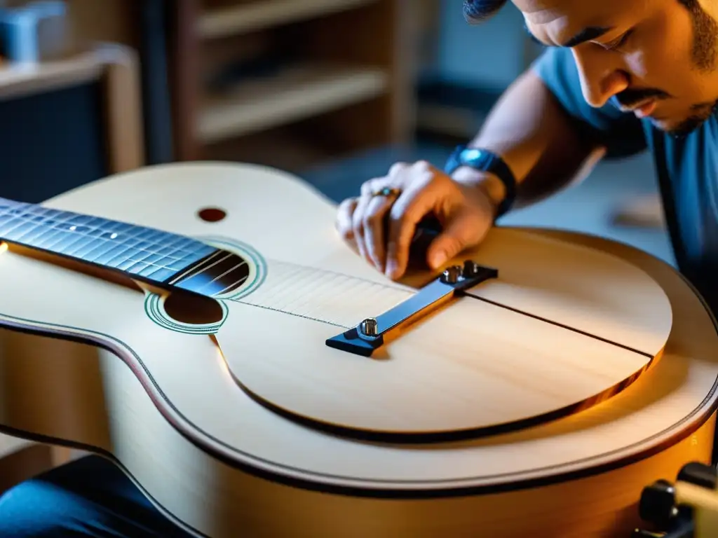 Un luthier experto cuidadosamente da forma a una guitarra ergonómica, destacando la importancia del diseño ergonómico en instrumentos musicales