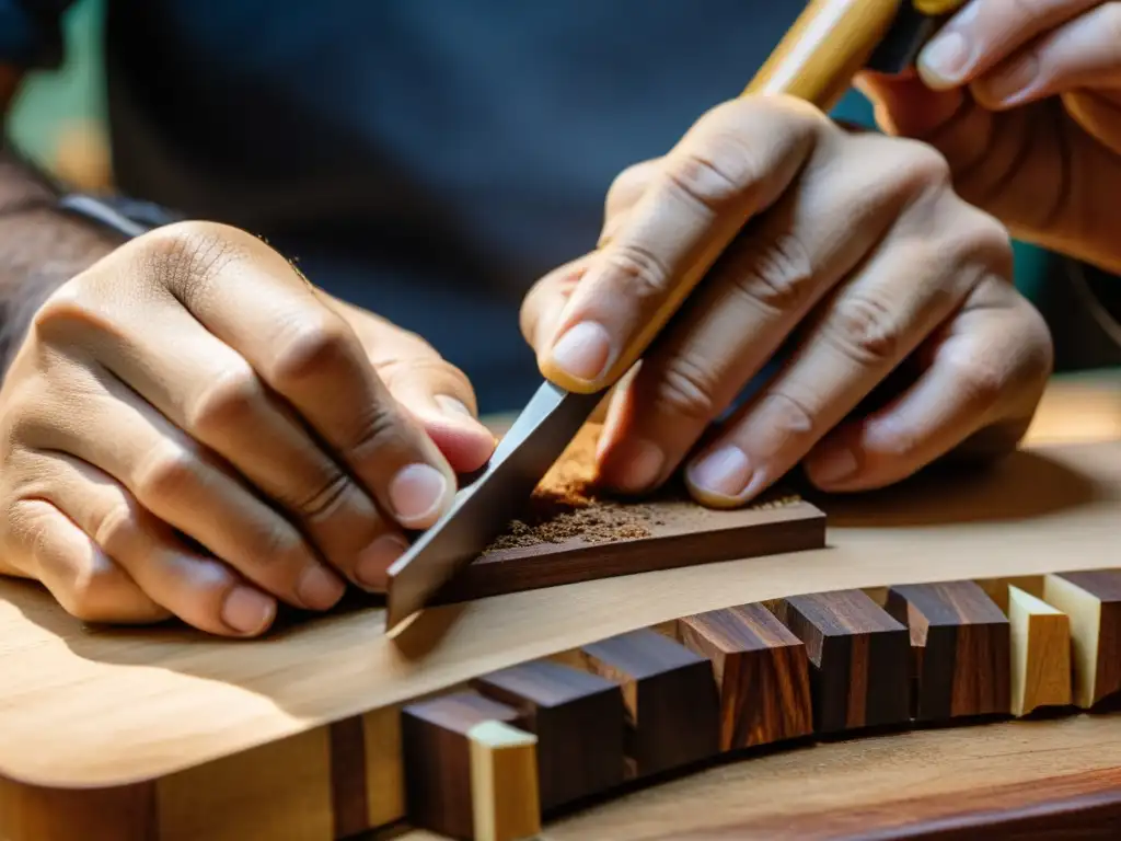 Un luthier experto da forma a la madera de un cavaquinho brasileño, resaltando la dedicación y destreza en la construcción de este instrumento