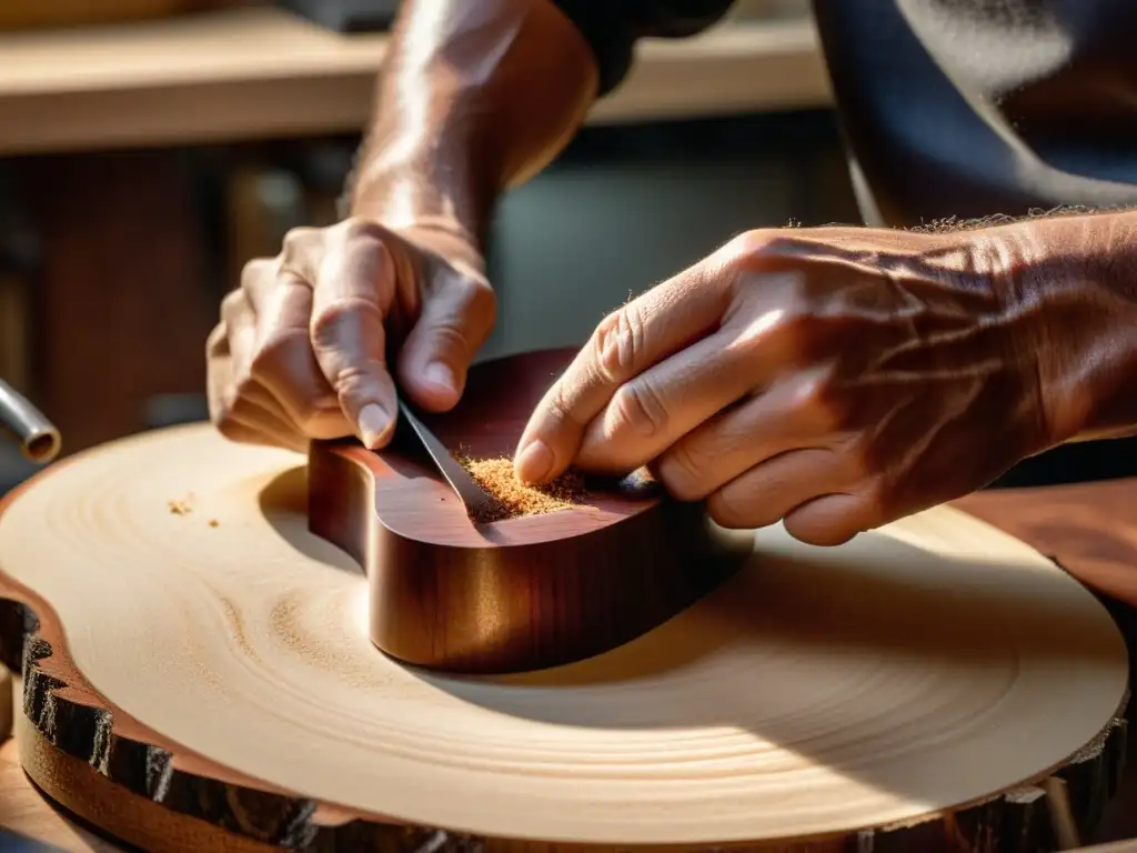 Un luthier experto da forma a la madera de caoba para el cuerpo de una guitarra, mostrando la contribución de tonos cálidos a las guitarras acústicas