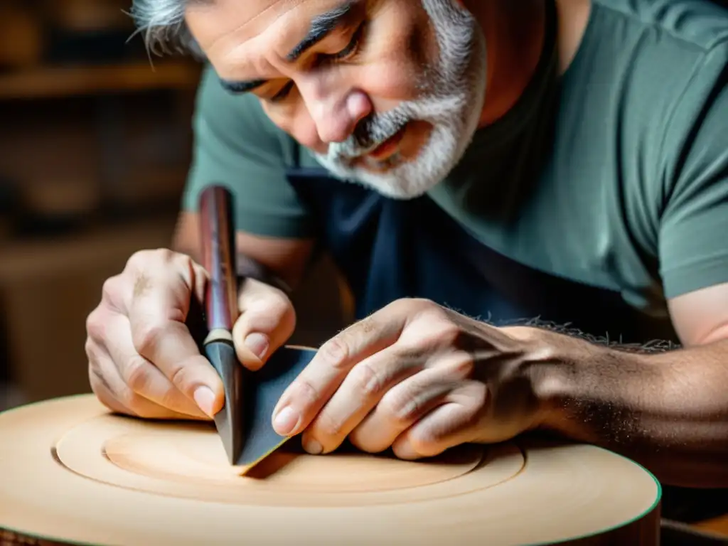 Un luthier experto da forma a las mejoras en resonancia de una guitarra acústica, resaltando la artesanía detallada y la dedicación tradicional