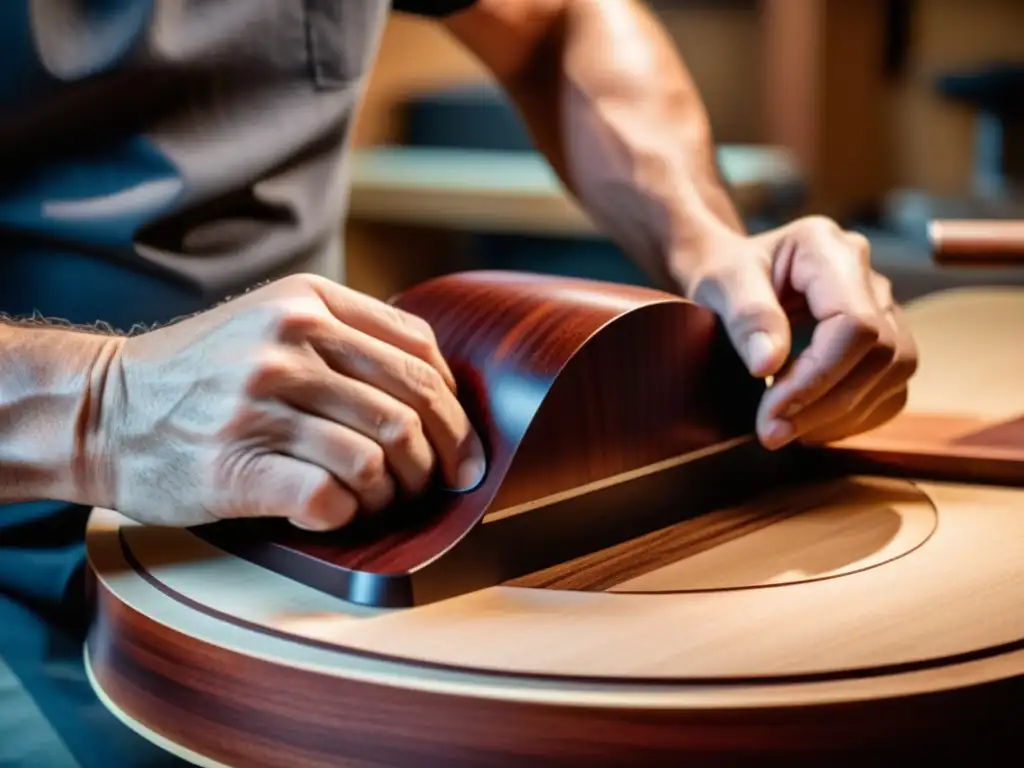 Un luthier experto da forma a una pieza de caoba para contribuir a los tonos cálidos de guitarras acústicas