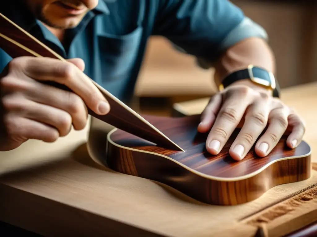 Un luthier experto da forma a un precioso cuerpo de guitarra acústica de caoba, destacando la influencia de la madera en instrumentos musicales