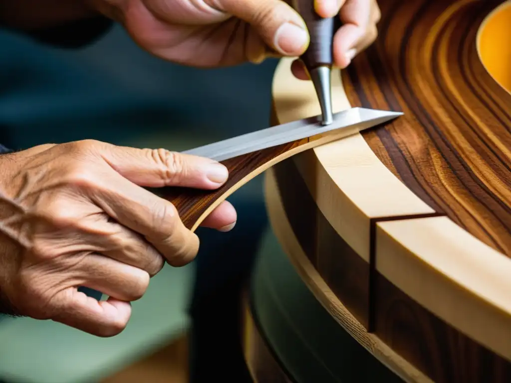 Un luthier experto da forma con precisión a la madera de palisandro brasileño para construir un Cavaquinho