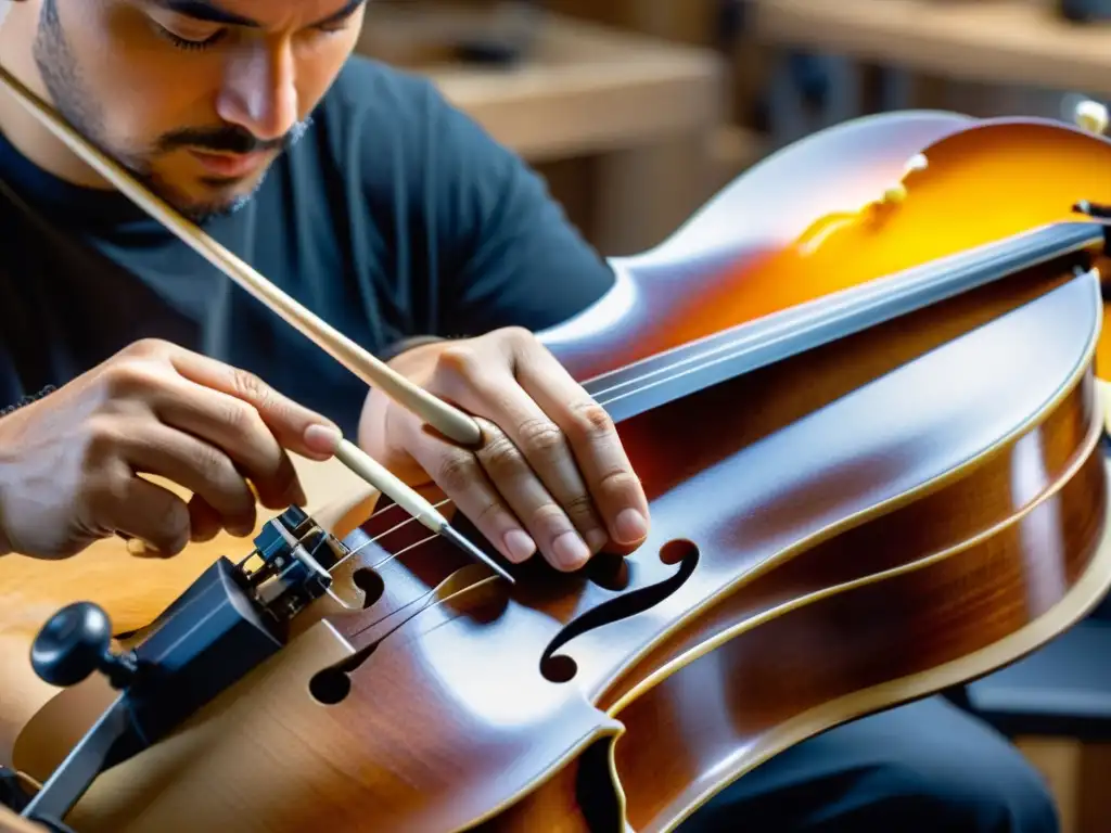 Un luthier experto da forma con precisión a un violonchelo eléctrico, rodeado de herramientas