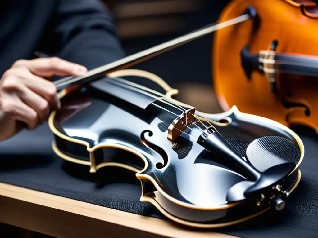 Un luthier experto da forma a un violín de fibra de carbono, fusionando la tecnología moderna con la artesanía tradicional de instrumentos de cuerda