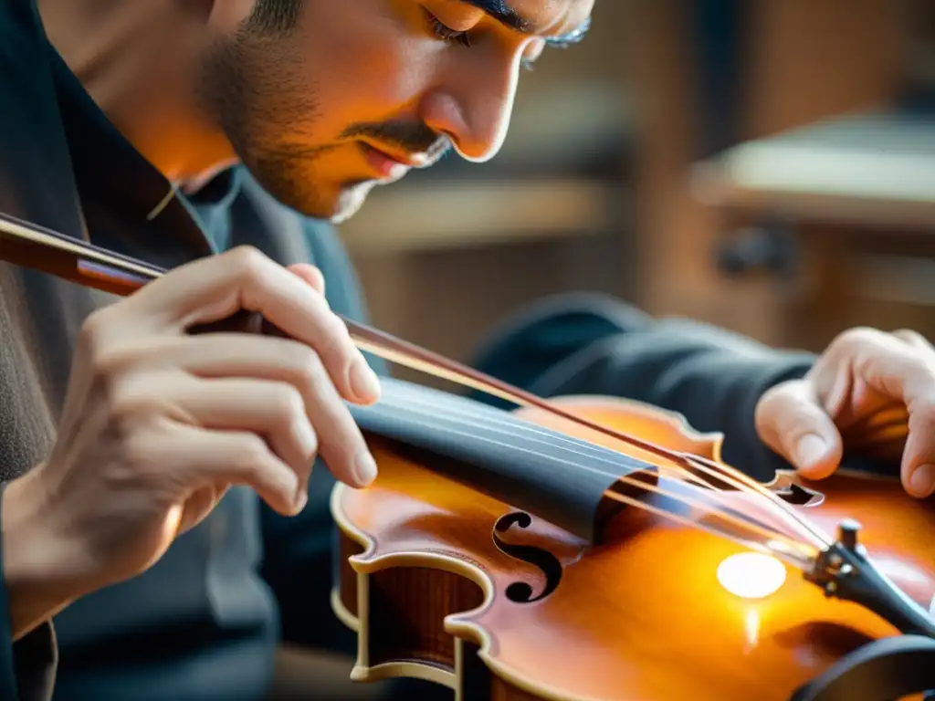 Un luthier experto da forma a un violín moderno, resaltando la preservación de instrumentos musicales modernos con destreza artesanal