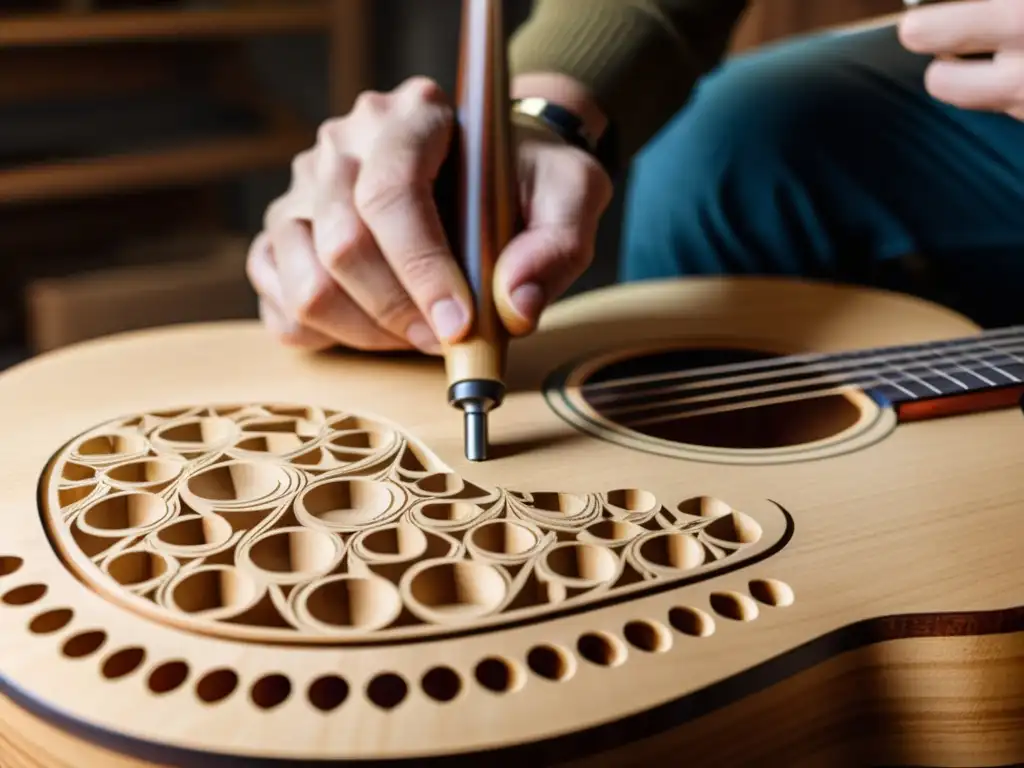 Un luthier experto crea una guitarra acústica sostenible con madera responsable, mostrando su arte y dedicación