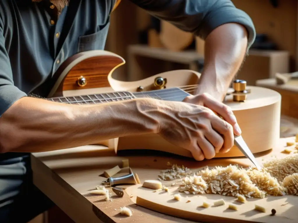 Un luthier experto tallando una guitarra eléctrica personalizada, demostrando la artesanía y tecnologías de personalización en instrumentos musicales