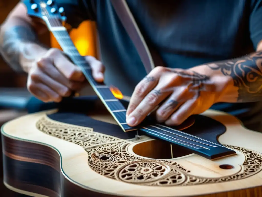 Un luthier experto crea una guitarra con madera quemada, destacando sus texturas e intrincados patrones