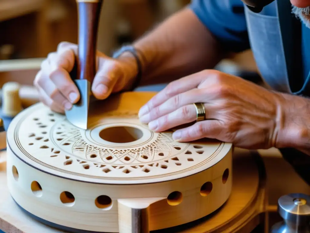 Un luthier experto trabaja con pasión en la elaboración de una guitarra resonadora, mostrando la autenticidad y el proceso artesanal