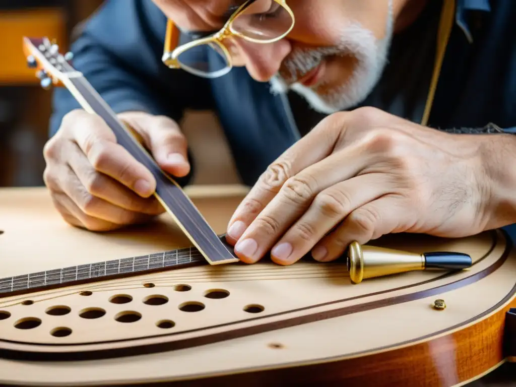 Un luthier experto restaura minuciosamente una guitarra vintage, destacando las técnicas de restauración para guitarras