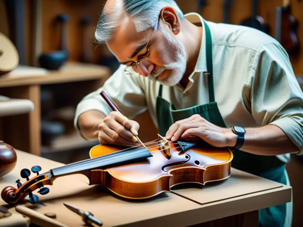 Un luthier experto esculpe con maestría una hermosa pieza de madera para un violín, rodeado de herramientas tradicionales