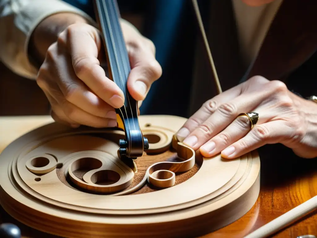 Un luthier experto restaura con herramientas delicadas el intrincado tallado de un violín vintage, bañado en cálida luz natural