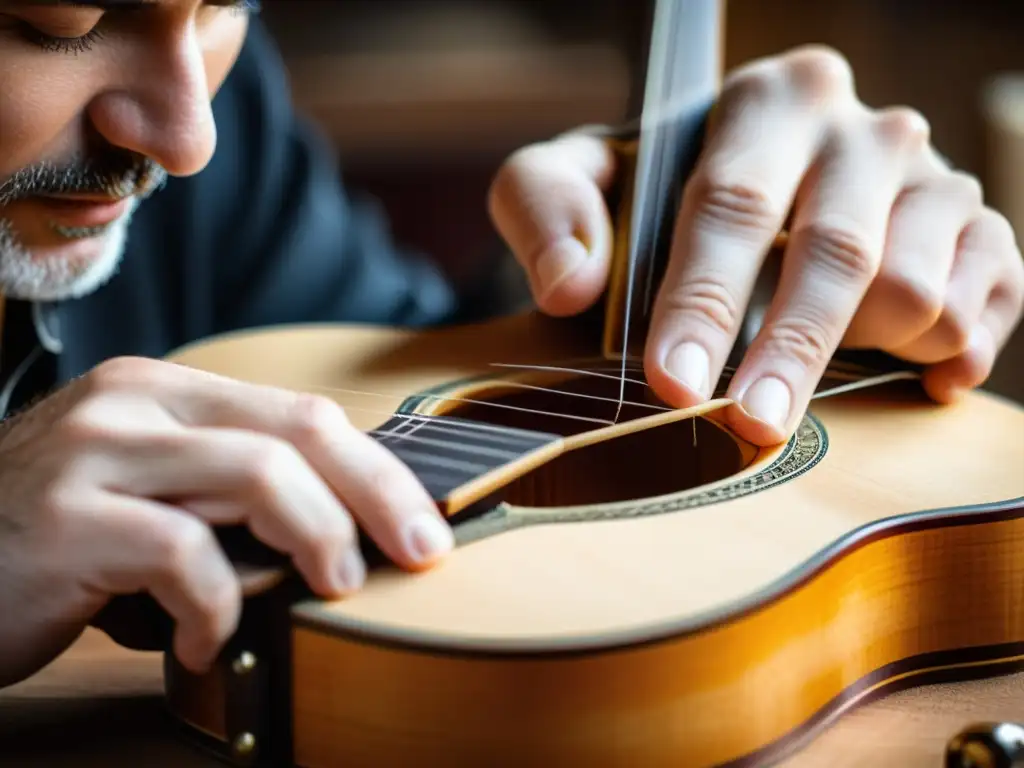 Un luthier experto hilvana con precisión las cuerdas de nylon en una guitarra clásica, destacando la evolución de las guitarras de cuerdas