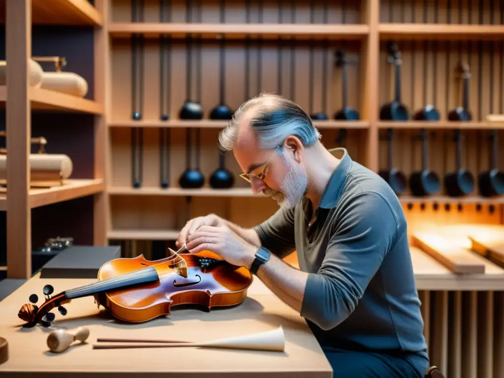 Experto luthier ajusta violín en taller musical Un luthier experto ajusta cuidadosamente la humedad y temperatura en su taller, rodeado de instrumentos musicales tradicionales y modernos