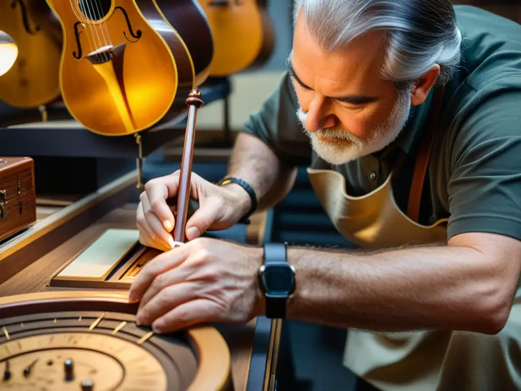 Maestro luthier preservando instrumentos musicales antiguos Un luthier experto ajusta cuidadosamente la humedad y temperatura en una cámara de conservación, rodeado de instrumentos musicales preservados