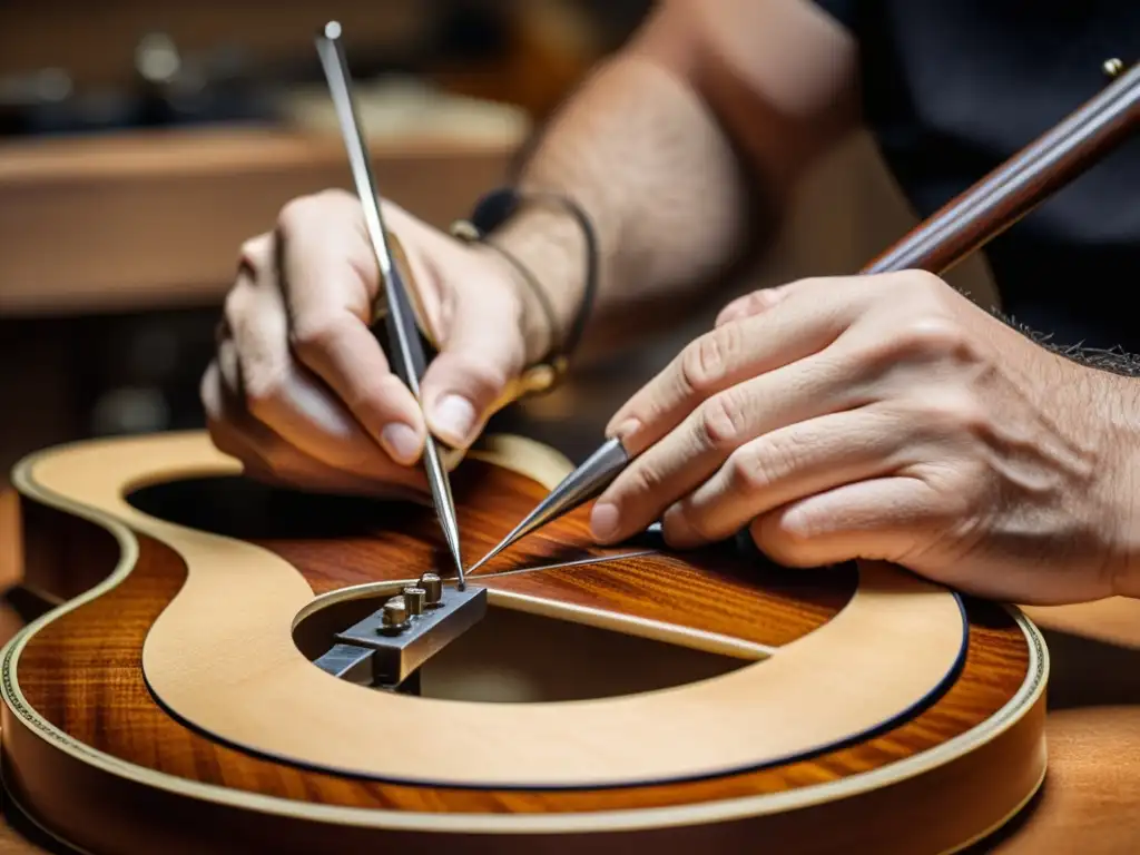 Un luthier experto restaurando con precisión y pasión un instrumento de cuerda vintage