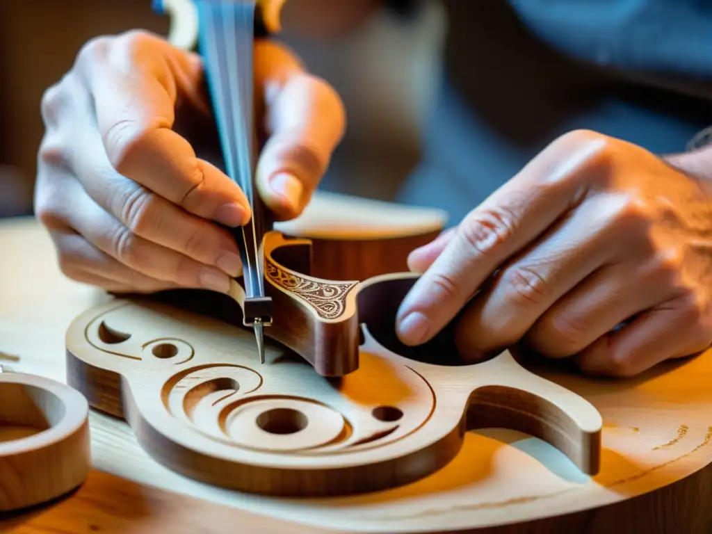 Un luthier experto tallando intrincados diseños en un violín de madera, con virutas cubriendo el banco de trabajo